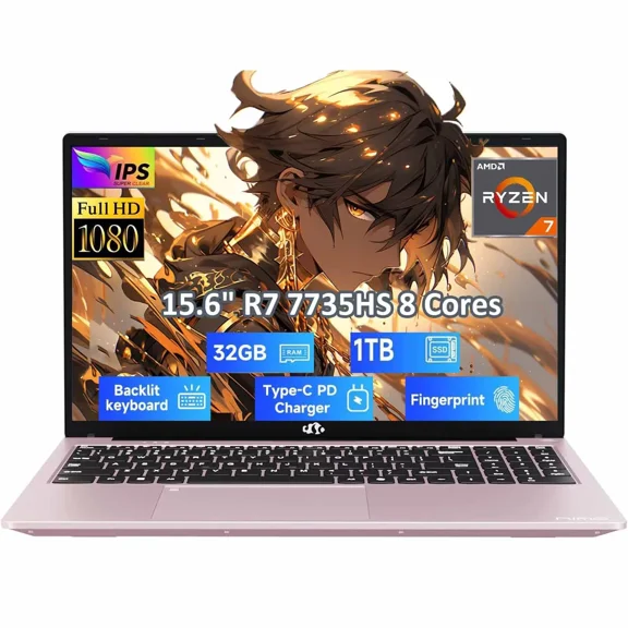 15.6" IPS FHD Gaming-Laptop, AMD 8 Cores Ryzen 7 7735HS 32GB DDR5 RAM 1TB SSD (Beats i7-12650H, Up to 4.75GHz) Computer with Radeon 680M 100W Type-C Backlit Keyboard Fingerprint Unlock