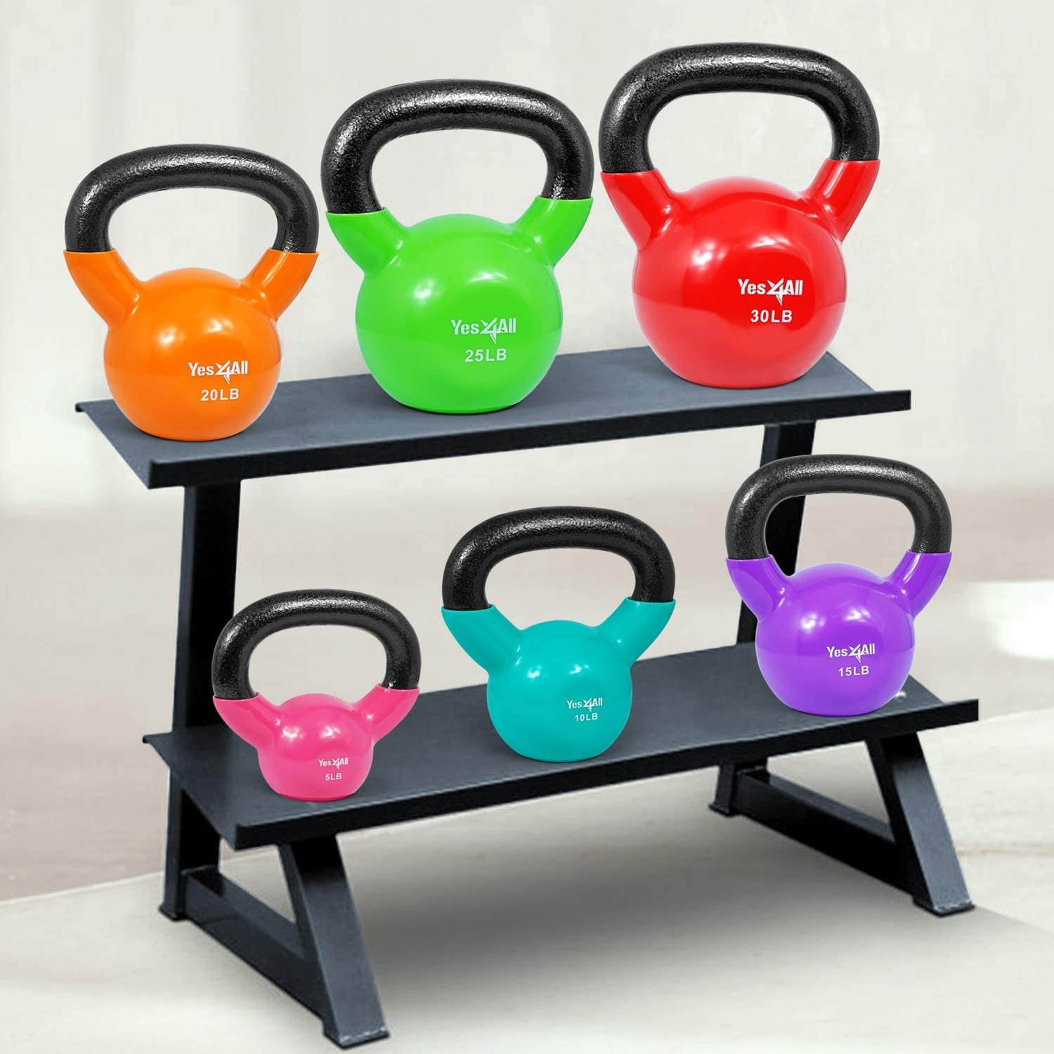 Yes4All 70 lb Vinyl Coated / PVC Kettlebell, Multicolor, Combo / Set, Includes 10-25lb