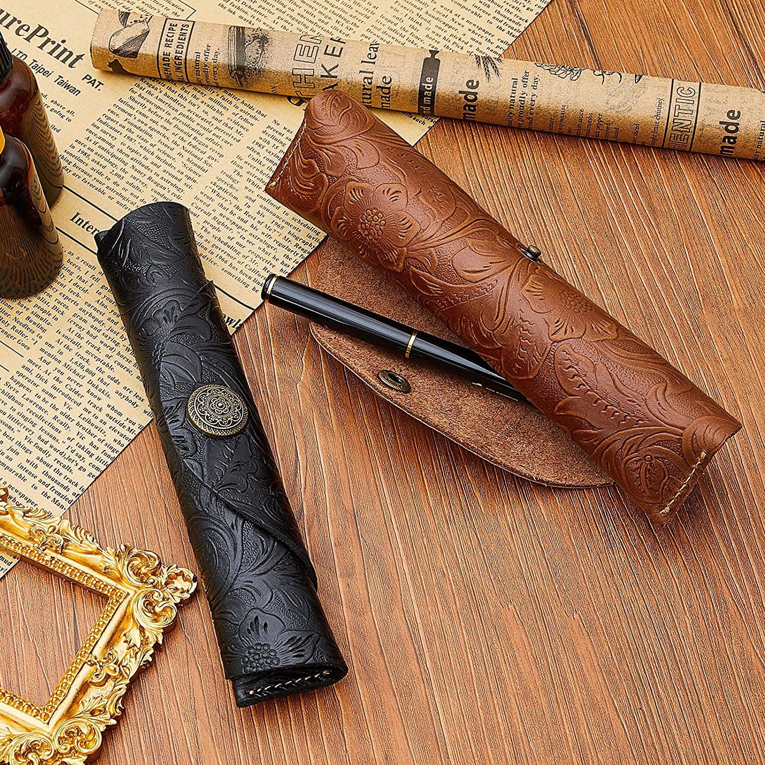 2 Pieces Vintage Handmade Leather Pen Case Carved Roll Leather Pen Holder Roll Wrap Pen Pouch for School Home Office Brown and Black