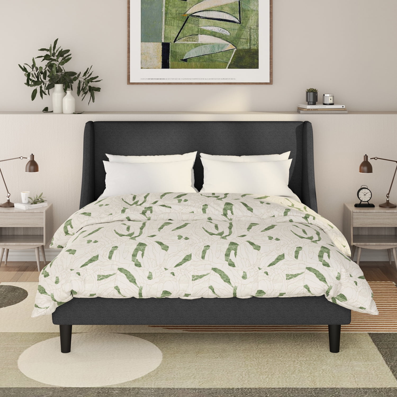 SHA CERLIN Grey Queen Upholstered Platform Bed Frame with Wingback Headboard, Adult