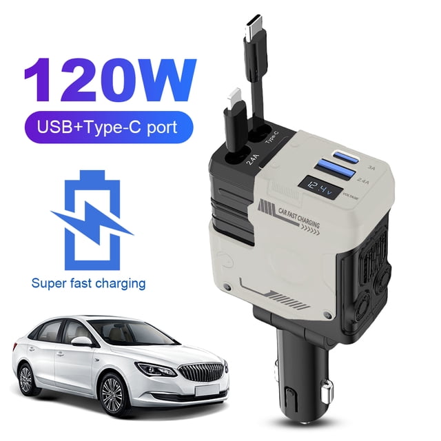 Adaptador Mechero Coche Cargador 120W 4 en 1 USB Retráctil Tipo C () Blanco