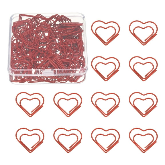 Uxcell 100 Pcs Heart Shape Paper Clip, Metal Cute Small Paper Clamp Clips for Office Supplies Craft Scrapbook Document Note Sorting, Plastic Coating, Red