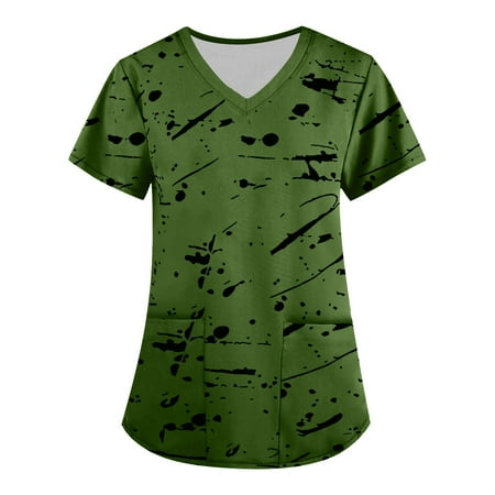 

ELFINDEA Printed Pocket Scrubs Blouses for Women V Neck Short Sleeve Womens Tops