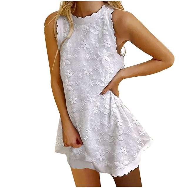 Birdeem Robe d'Été Unie pour Femmes Style Frais Couleur Unie Brodée Débardeur en Dentelle Col Rond