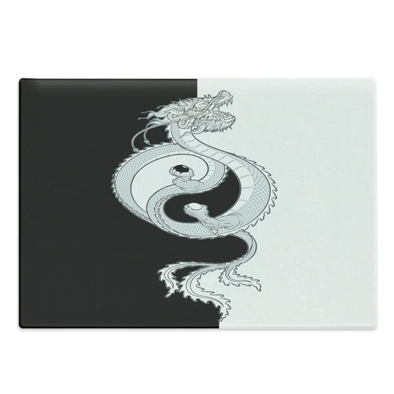Kung Fu Cutting Board, Oriental Themed Swirling Dragon with Yin Yang, Decorative Tempered Glass Cutting and Serving Board, in 3 Sizes, by Ambesonne