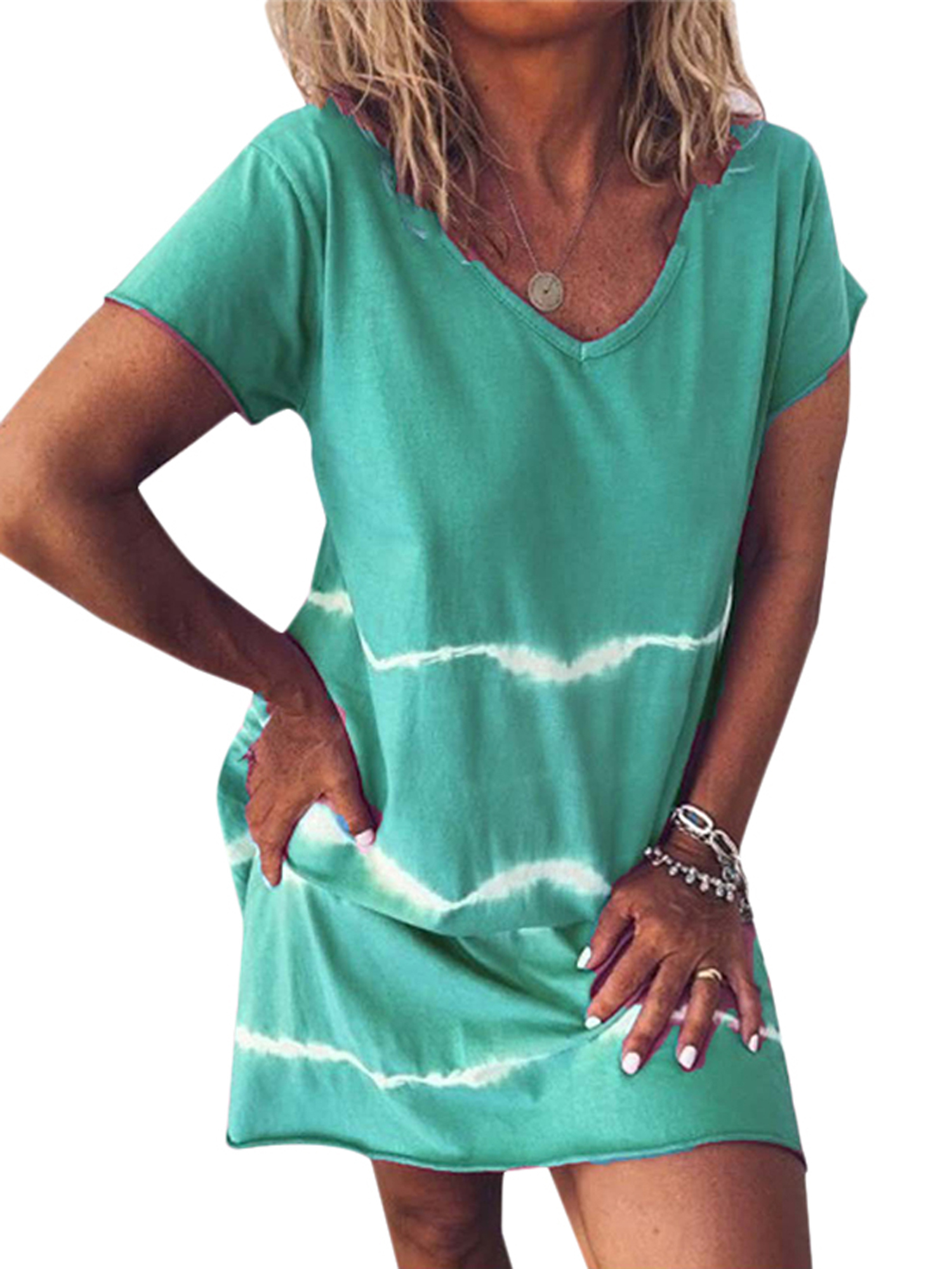 Wodstyle - Women's Casual V Neck Short Sleeve Sundress Summer Beach