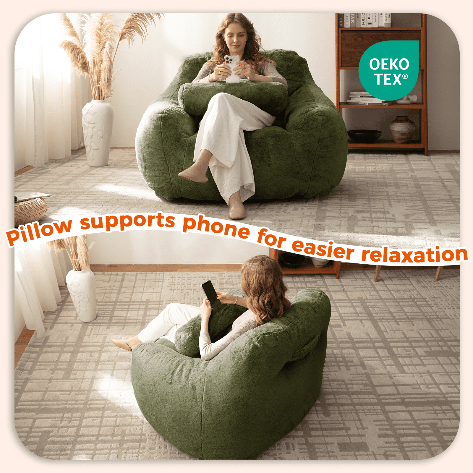 Ebenchico 3.8ft Oversized Bean Bag Chair for Adults Teens Kids, Beanbag Chairs with Pillow, Reading Gaming Relaxing Chair, Green