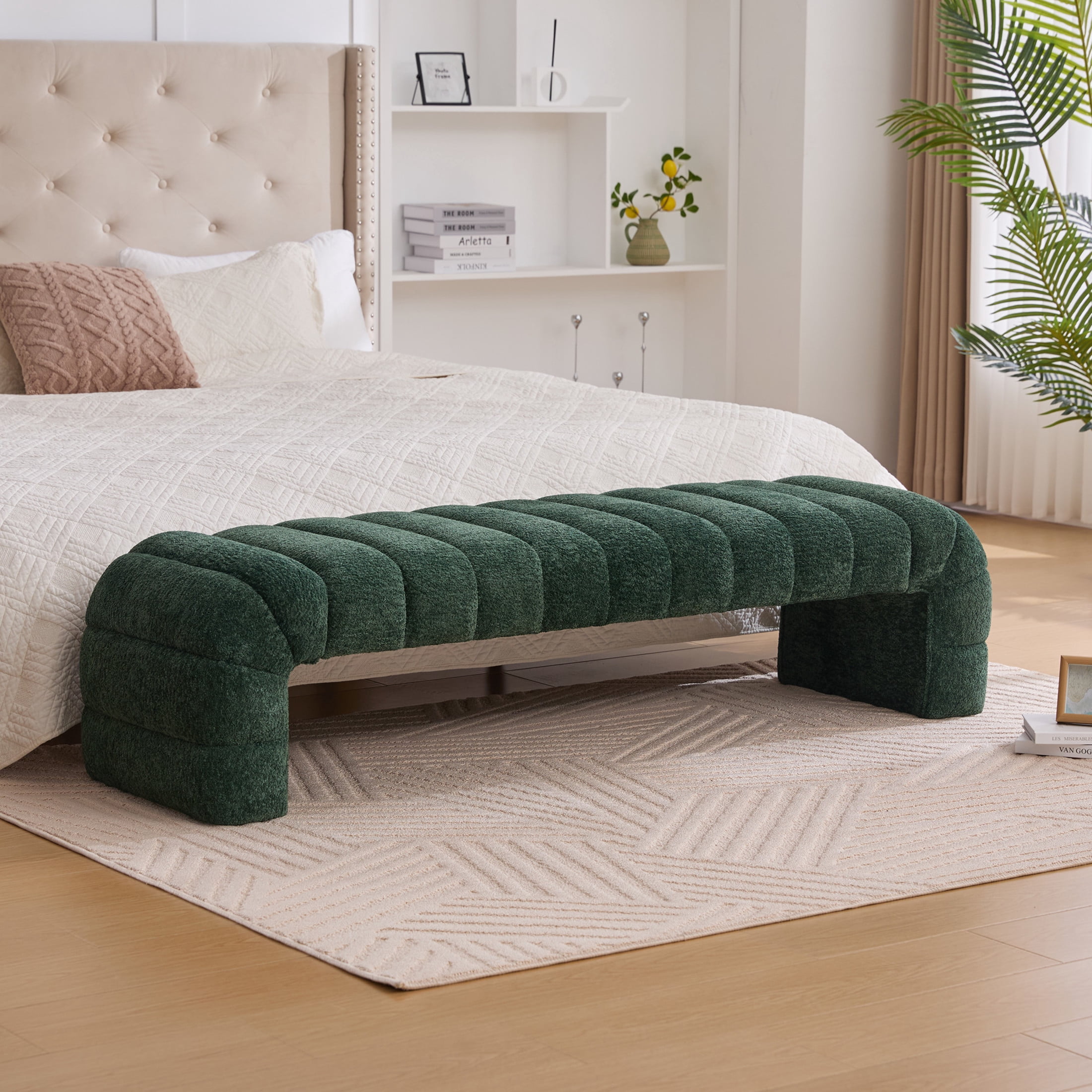 Noble House Arshore 69.7" Chenille Armless Bed Bench, Channel Tufted Daybed Chaise for Bedroom & Living Room, Green