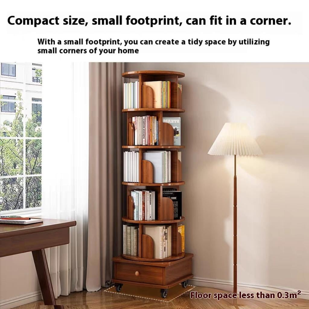 Rotating Bookshelf, 6 Tier Corner Bookcase with 360-Degree Rotation and Wheels, Space-Saving Design for Small Spaces, Walnut Brown Finish
