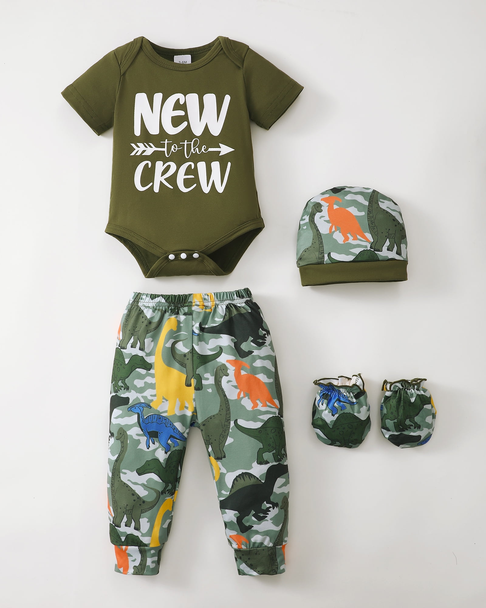 KIMI BEAR Newborn Baby Boys Layette Essentials Romper Pants Gift Sets 4 Packs Short Sleeves Dinosaur Print Bodysuit Tops Pants Set with Hats and Gloves 16pcs Outfits Green NB