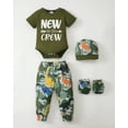 thumbnail image 4 of KIMI BEAR Newborn Baby Boys Layette Essentials 6-9 Months Romper Pants Gift Sets 4 Packs Short Sleeves Dinosaur Print Bodysuit Tops Pants Set with Hats and Gloves 16pcs Outfits Green, 4 of 9