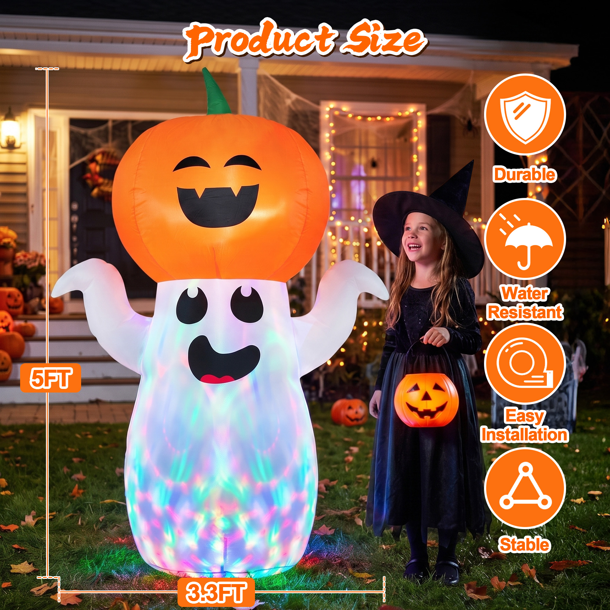 GVDV 5 Ft Halloween Inflatable Pumpkin Ghost with LED Lights photo 3