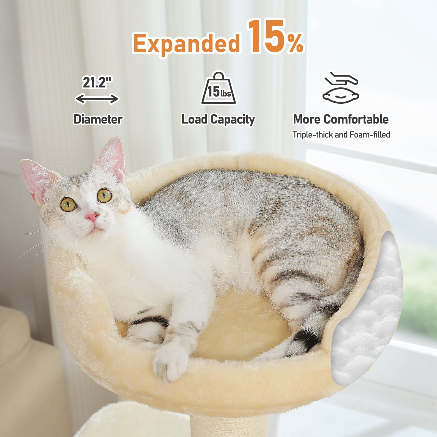 PEQULTI 50" Flower Cat Tree for Cats Indoor 4.1" Thick Scratching Post with 2-Layer Baseboard Beige