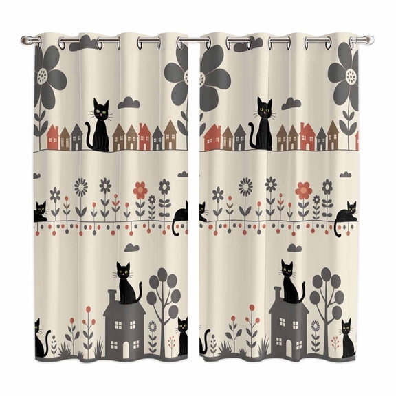 Japanese Style Kitchen Curtains Window Panels, Vintage Cartoon Cat House Trees Flowers Insulated Window Treatment Curtain, Grommet Curtains for Bedroom/Living Room/Bathroom, 2 Piece 52"Wx84"L