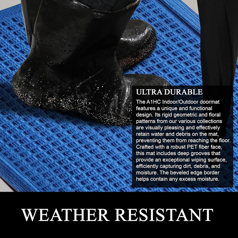 A1HC All Weather Dirt and Moisture Absorbing Polypropylene Door Mat with Tire Crumb Rubber Backing for Home and Office, Blue, 24x36 inches