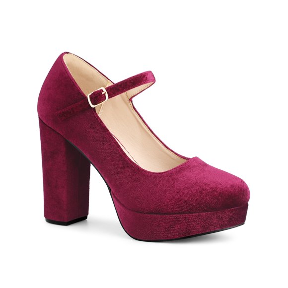 BLISSFUL STEP Women's Platform Mary Jane Heels Chunky Heel Ankle Strap Faux Velvet Pumps Burgundy 9