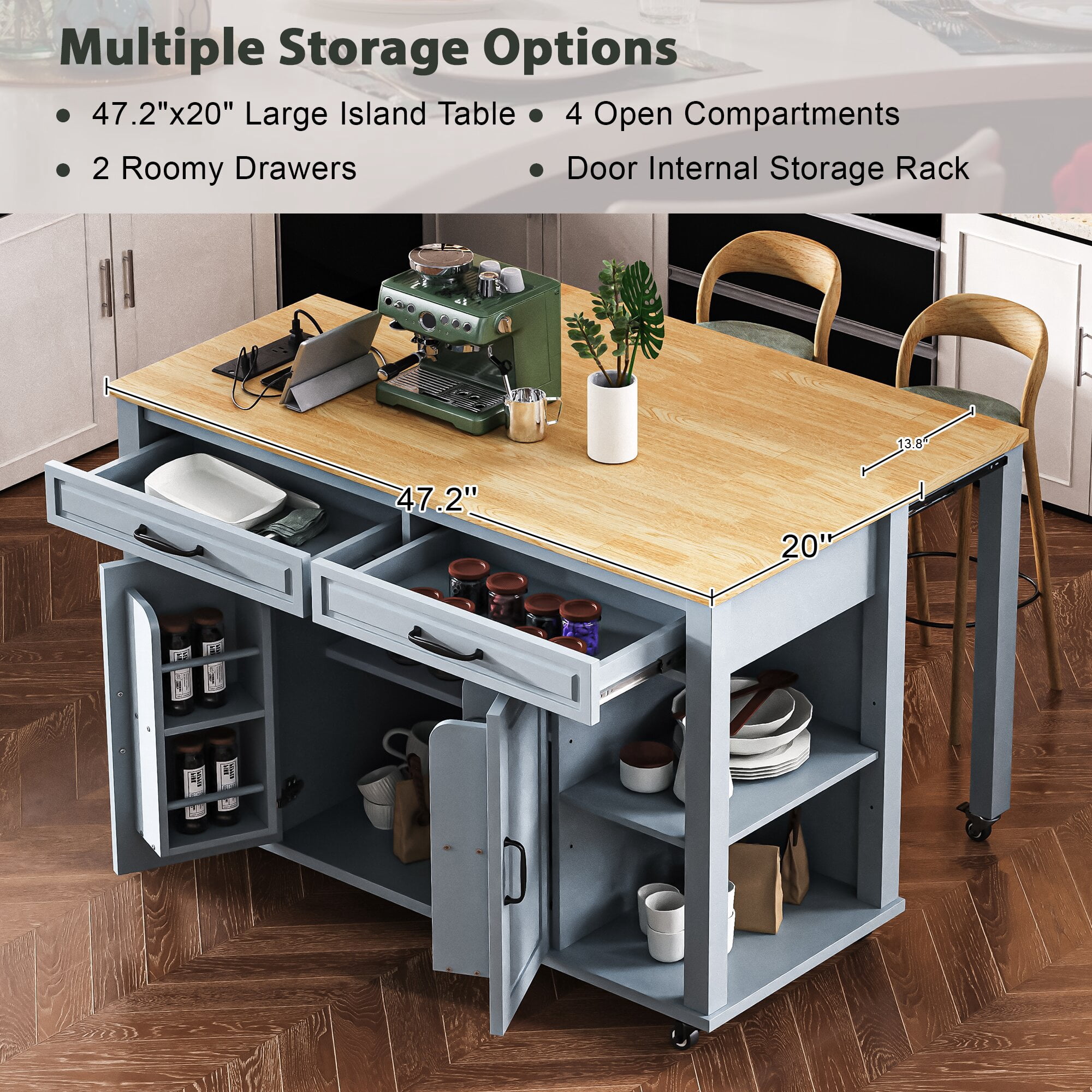 Yoneston 47" Farmhouse Kitchen Island with Power Outlet, Multifunctional Kitchen Trolley with Drop Leaf, Internal Storage Rack and 2 Drawers 2 Cabinet for Kitchen, Dining Room, Blue