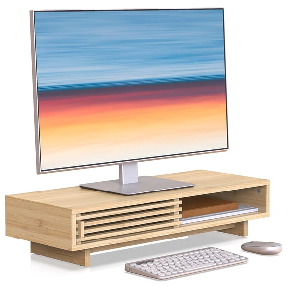 WELL WENG Support de Moniteur avec Porte Coulissante, Support d'Ordinateur Portable avec Étagère de Rangement (Bambou Naturel, 25 Pouces)
