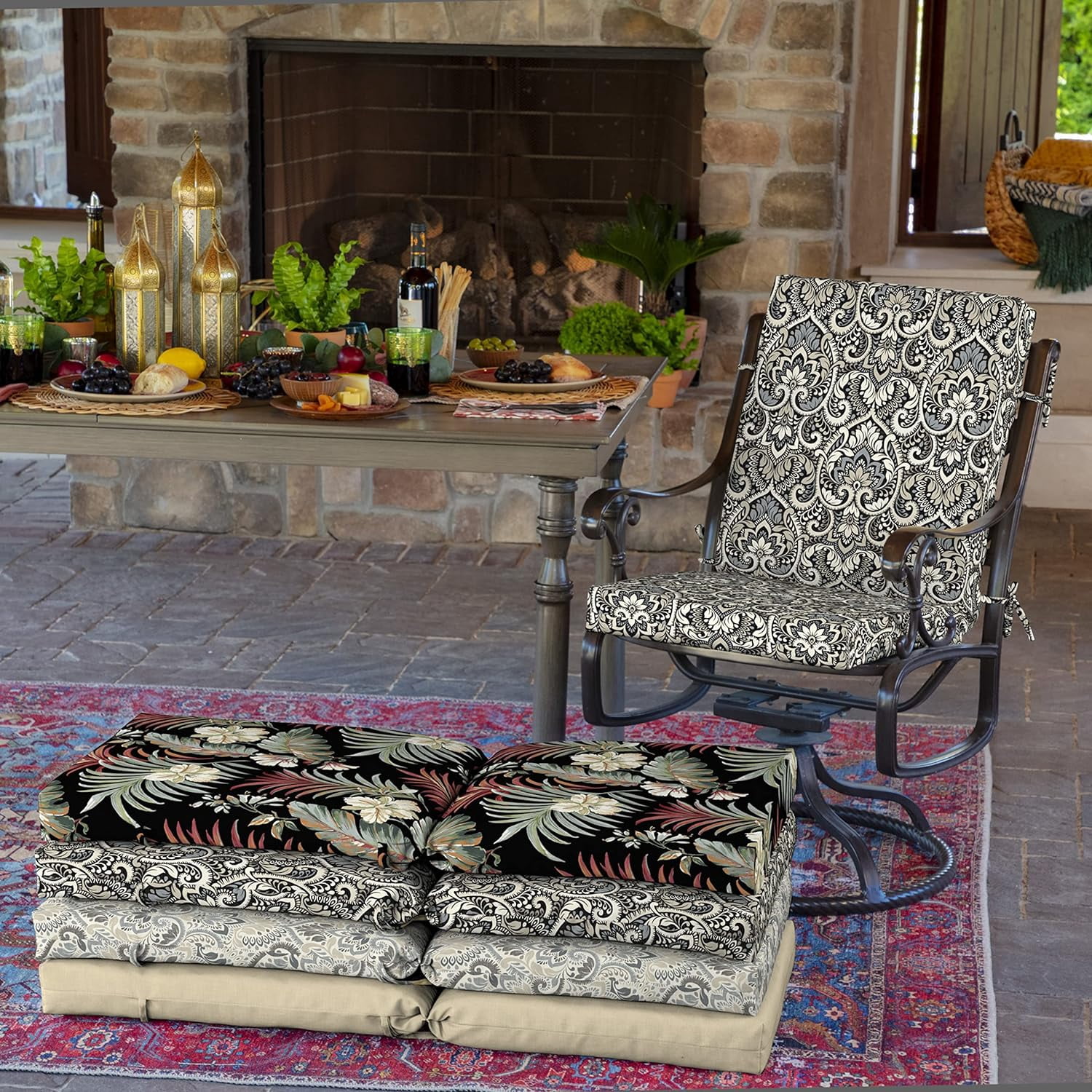 Arden Outdoor Patio Dining Chair Cushion, 20x44, Rain-Proof Seat Pad, Fade-Resistant Outdoor Cushion Black Aurora Damask