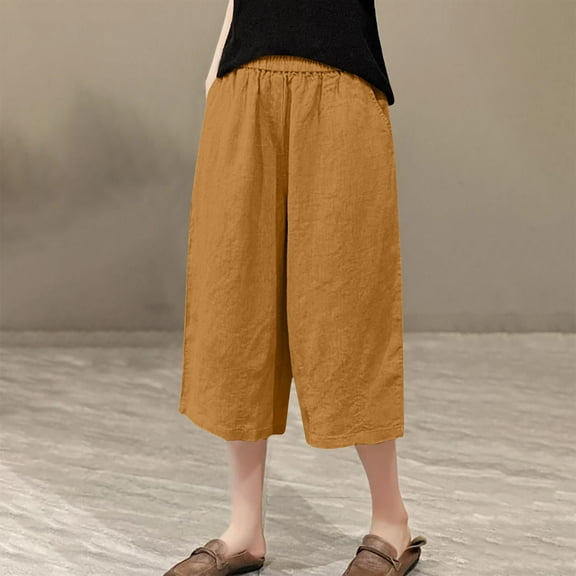 LEBONYARD Women's Capri Pants,Women's Solid Color Elastic Waist Casual Straight Leg and Linen Cropped Pants Orange S