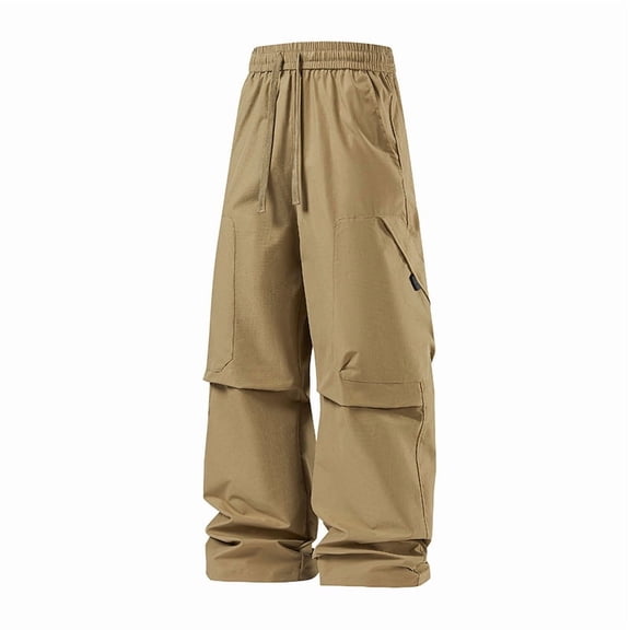 LWavelet Men's Cargo Wide Leg Pants - Drawstring Waist Multiple Pockets Utility Fabric Casual Daily Pants Khaki M