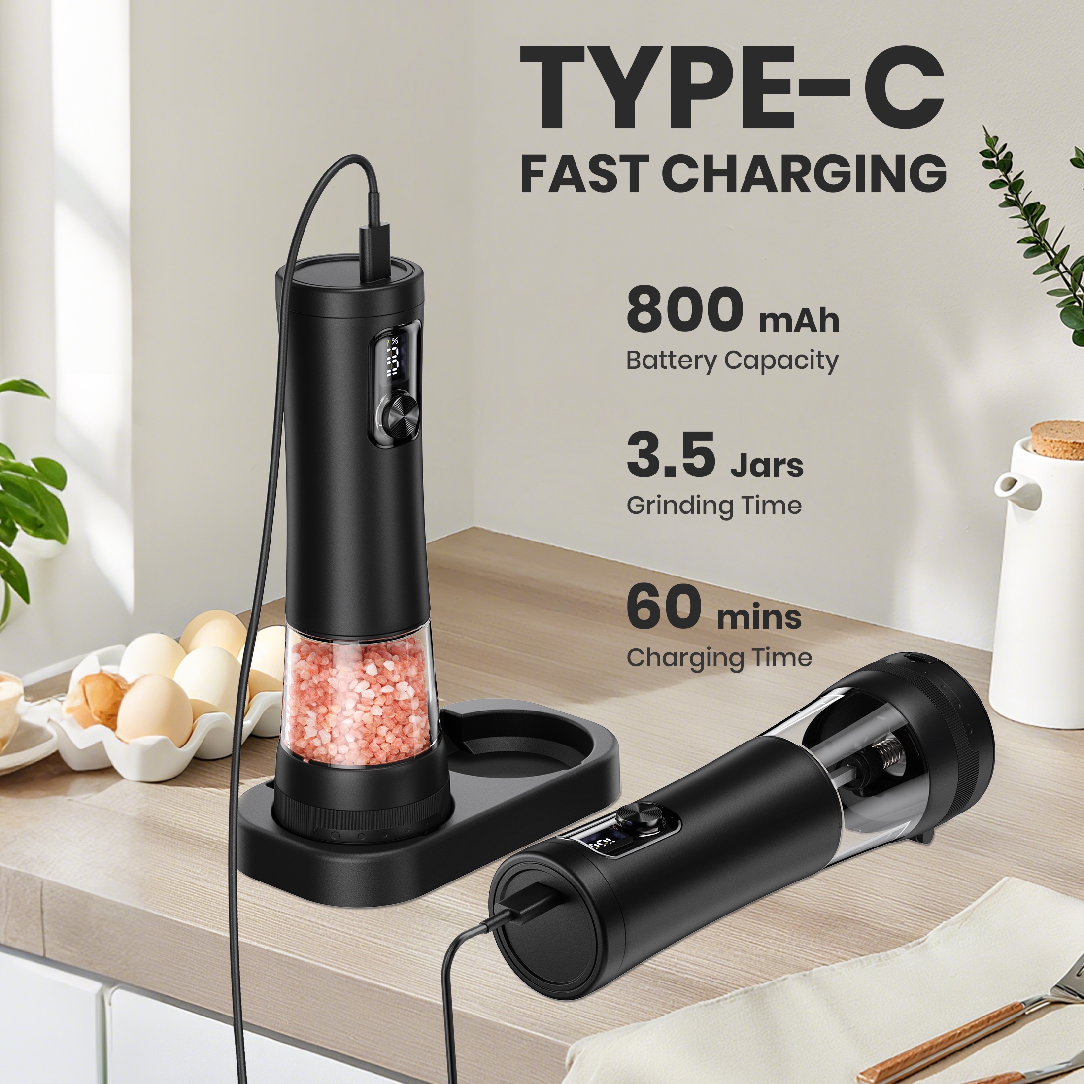 Moreblue Electric Salt and Pepper Grinder Set, Automatic Rechargeable Salt and Pepper Shaker with LED light, Pepper Mill with 5 Adjustable Coarseness(Black)