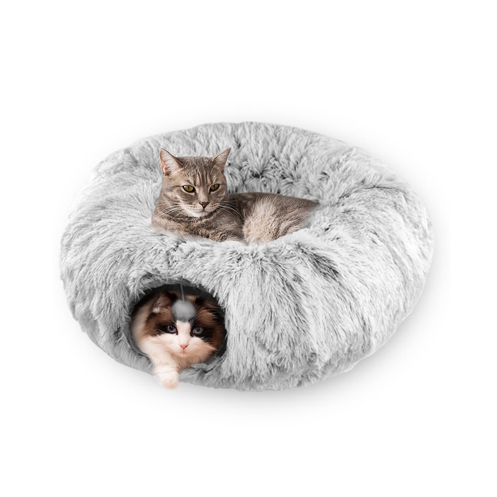 Anself Cat Tunnel with Cat Bed for Indoor Cats, Collapsible Plush Cat Cave Tube with Fluffy Toy Ball, Multifunctional Cat Toys for Small Medium Large Cat, Puppy, Rabbit, Ferret, Gray