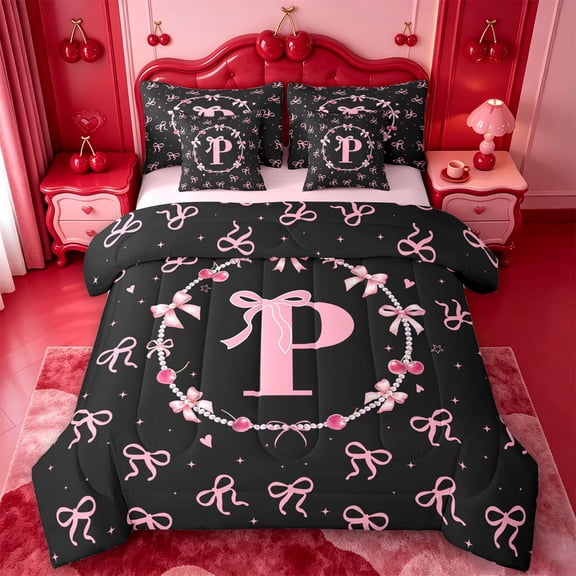 meiyoeat Pink Bowknot Monogrammed P 7-Piece Twin Bedding,3D Cartoon Pearl Bedding Comforter Set For Girl,Pink Reversible