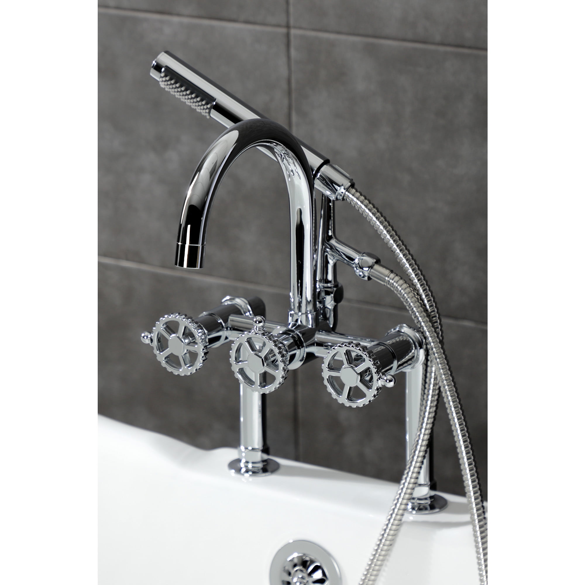 Kingston Brass AE8101CG Fuller Three-Handle 2-Hole Deck-Mount Clawfoot Tub Faucet with Hand Shower in Polished Chrome