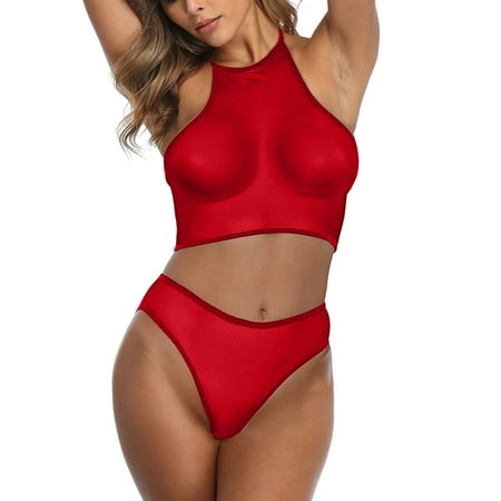 

ERTUTUYI Women Lingerie Set Top Booty Short Set Two Piece See Through High Neck Top High Waisted Lingeries Bottom