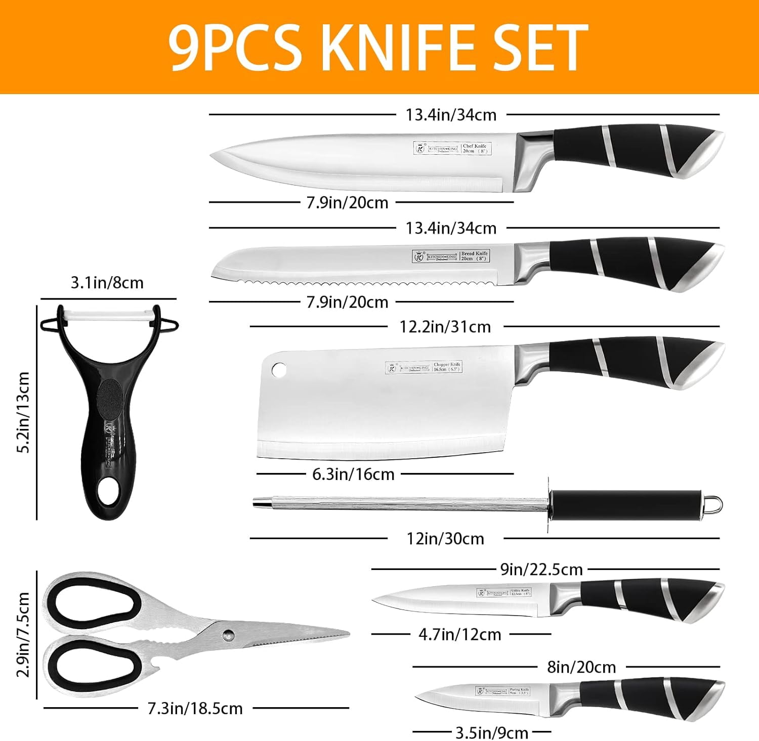 DFS 9-Piece Black Kitchen Knife Set with Block & Sharpener – High-Carbon Stainless Steel Non-Stick Coated Chef Knives for Precision Cutting, Slicing, Dicing - Black