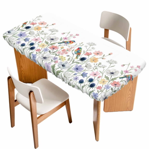 Spring Flowers Table Cloths for 4 Foot Rectangle Tables, Colored Birds Country Floral Leaves Botanical Patio Waterproof Elastic Fitted Tablecloths, Washable Rectangular Table Cover for Camping