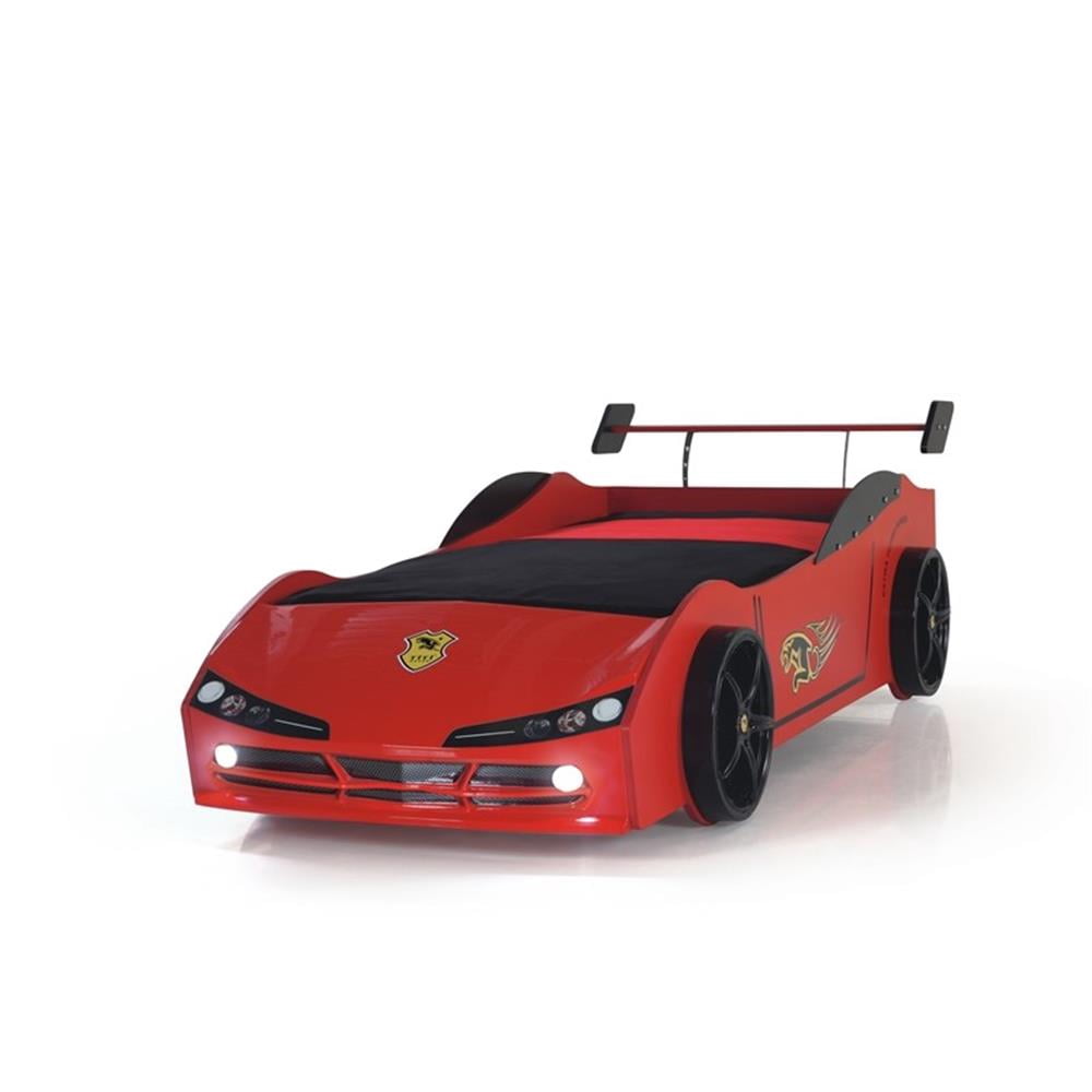 Pemberly Row Modern Woody Twin Race Car Bed with LED Headlights in Red