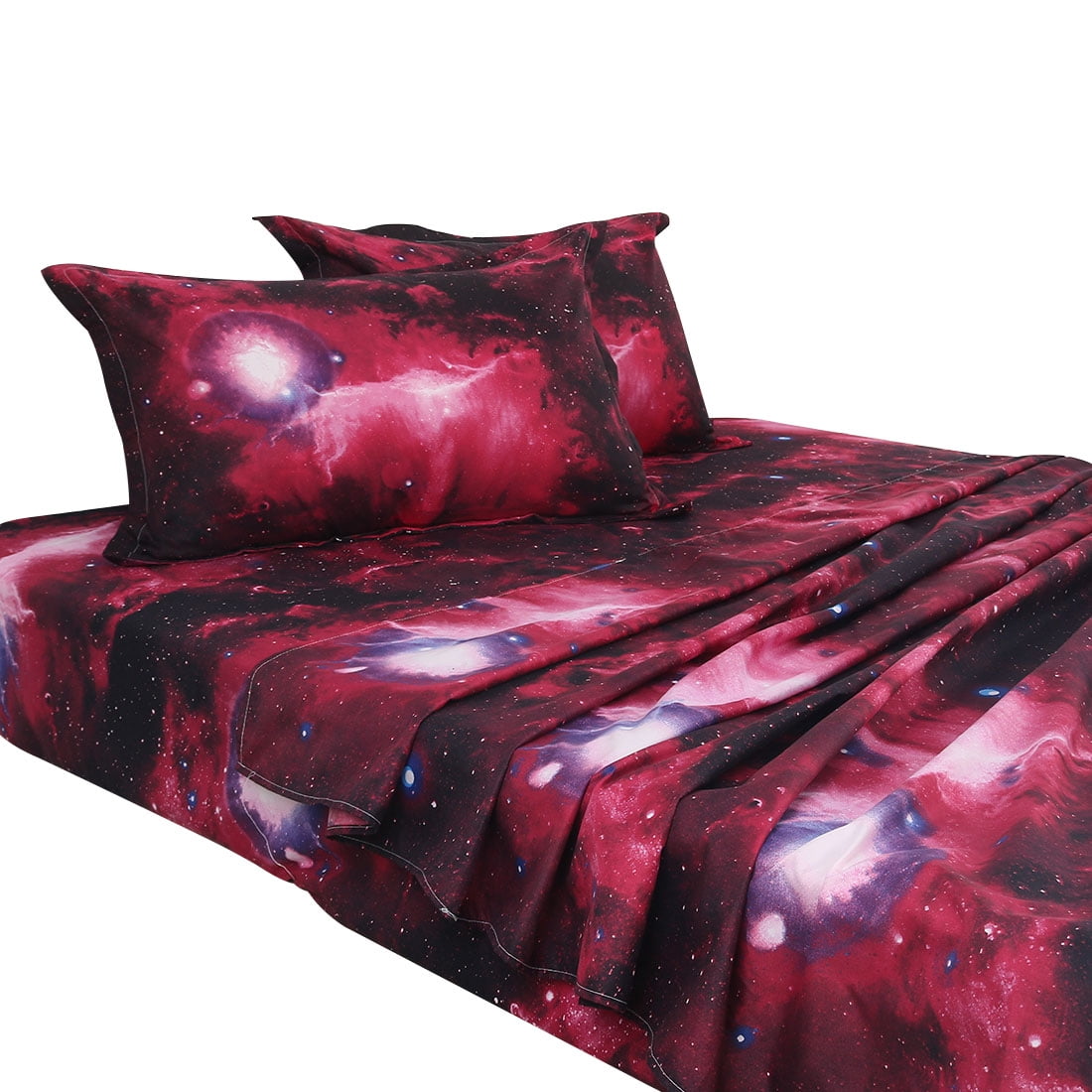 Unique Bargains Galaxy Print Bed Sheets Pillow Cases Bedding Set, Red