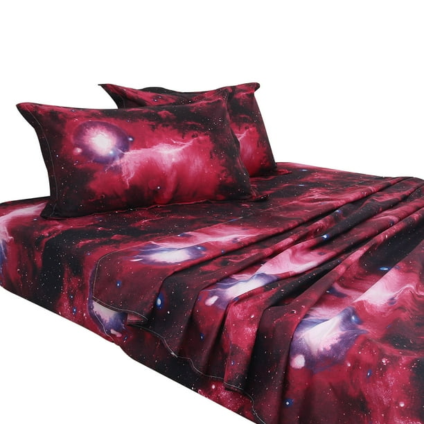 Unique Bargains Galaxy Print Bed Sheets Pillow Cases Bedding Set Red