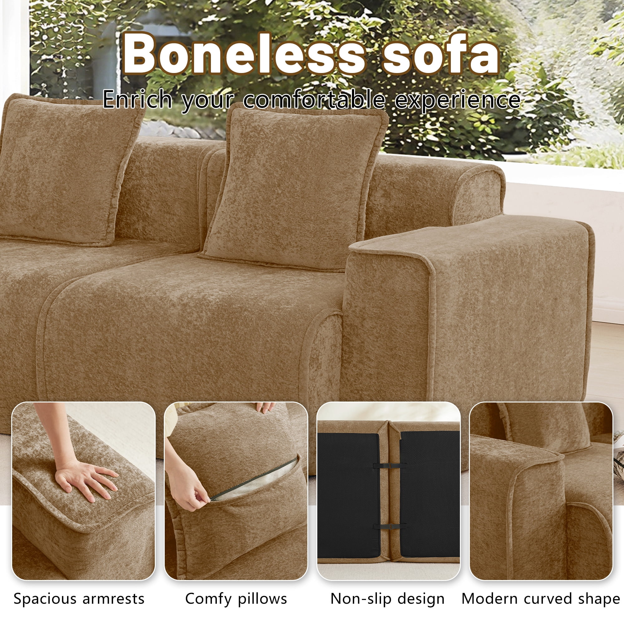 Aukfa 109" Cloud Sectional Sofa Oversized Boneless Couch Modular L-Shaped Sofa with Ottoman for Living Room, Velvet, Brown