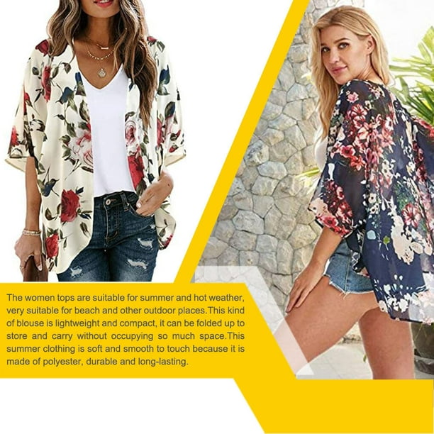 Summer Women Tops Flower Hot Weather Up Portable Travel Open Front Clothes  Travel Outdoor Beach Casual Leisure Comfortable Blouse Clothing Type 4 XXL  