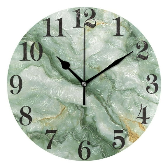 Soft Green Marble Round Wall Clock Battery Operated Silent Non-Ticking Bedroom Office Kitchen Home School Decor 10"(Black)
