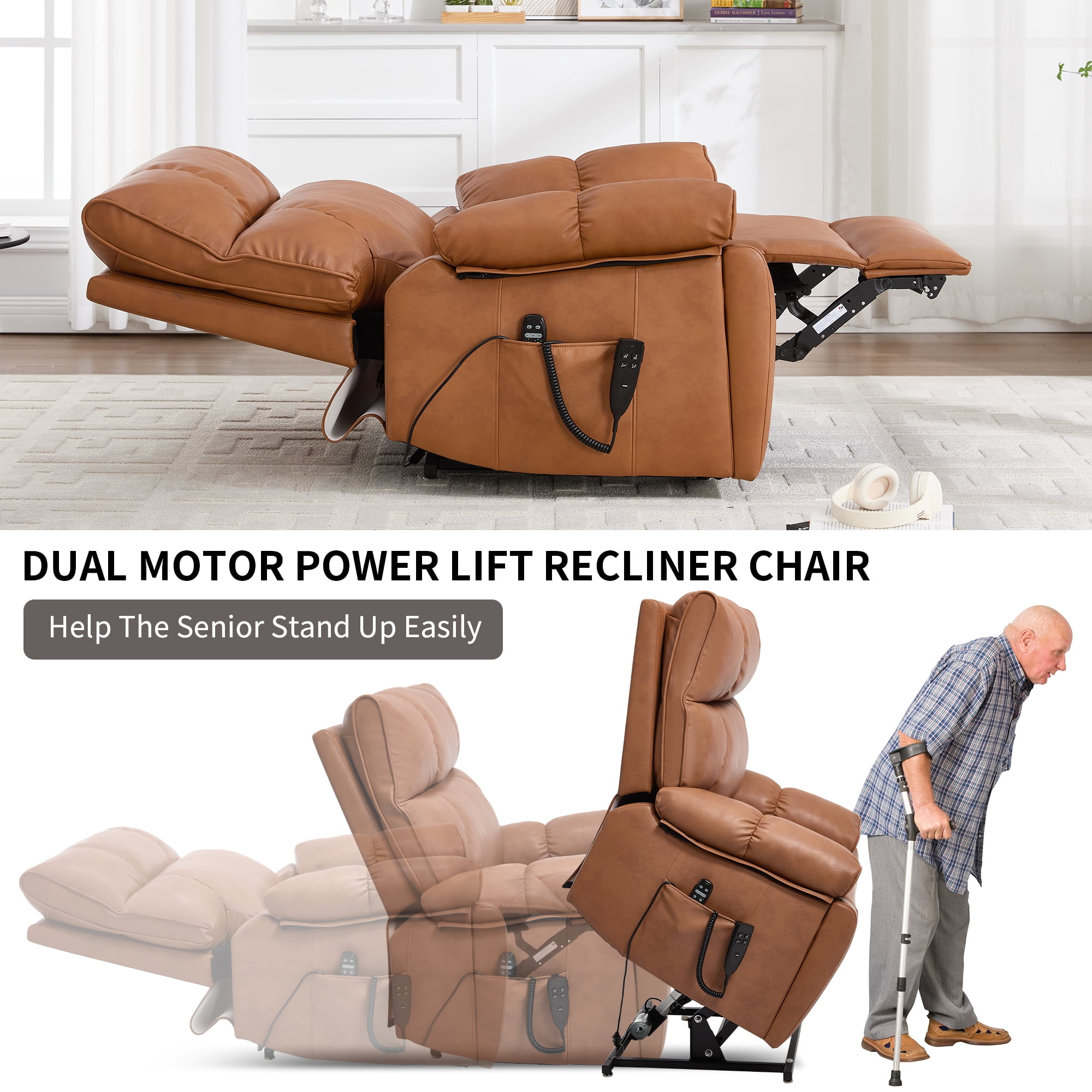 Alvantor Large Power Lift Recliner Chair for Elderly UP Leather Electric Recliners Chair with Massage and Heat for Living Room Orange