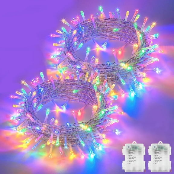 2 Pack Outdoor Christmas String Lights Battery Operated, Total 32.8Ft 100LED 8 Modes, Juhefa Waterproof Twinkle Fairy Lights for Xmas Tree, Patio, Yard, Party Decor (Colour)