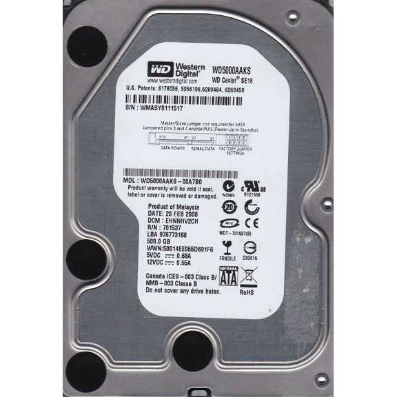 WD5000AAKS-00A7B0, DCM EHNNHV2CH, Western Digital 500GB SATA 3.5 Hard Drive