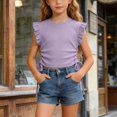 thumbnail image 2 of Quealent Girls Ruffle Cap Sleeve T Shirts Drawstring Crew Neck Crop Tees Solid Color Casual Cute Tops Summer Tee for Toddler (Purple, 4-5 Years), 2 of 5