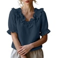 thumbnail image 2 of Yrmaups Loose Fit Short Sleeve T Shirt for Women, Casual V Neck Ruffle Blouse, Soft Stretch Everyday Tee for Beach Travel Office Daily Wear, Navy M, 2 of 9
