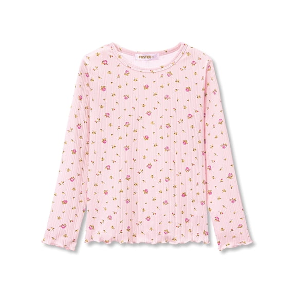 Cooltree Crewneck T-Shirt for Girls - Pink Ditsy Floral Soft Pointelle Long Sleeve Pullover Stylish Tops Size 8