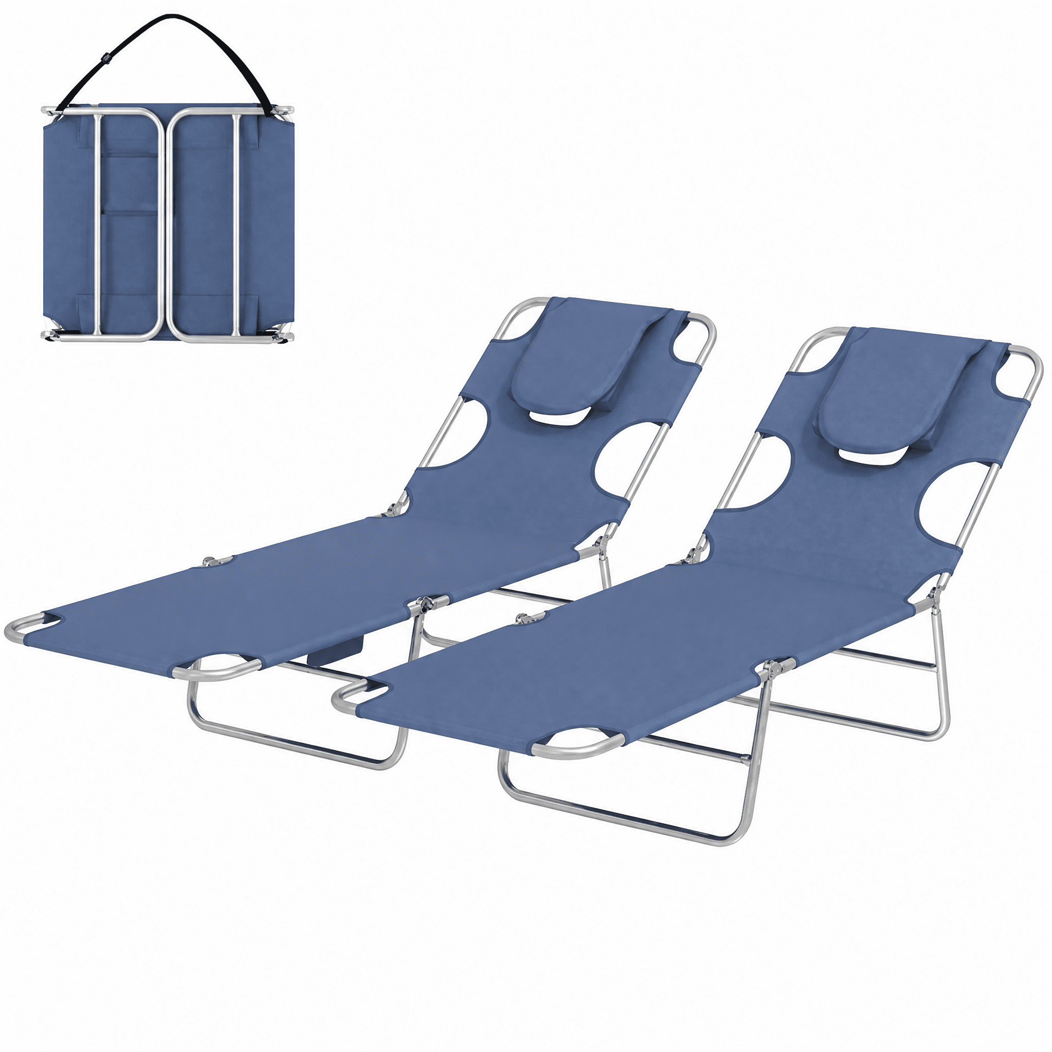 2-Pack Outdoor Folding Sun Lounger Set 5-Position Adjustable Backrest Face Cavity & Arm Slots Gray Portable Beach Lounge Chairs with Carry Strap