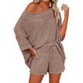 thumbnail image 3 of 2 PCS Off Shoulder Women's Outfits Sweater Sets Knit Top Shorts Matching Suits Cute Pajama Lounge Set, 3 of 6