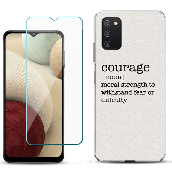 Slim-Fit TPU Phone Case Compatible with Samsung Galaxy A02s, with Tempered Glass Screen Protector, by OneToughShield ® - Dictionary/Courage