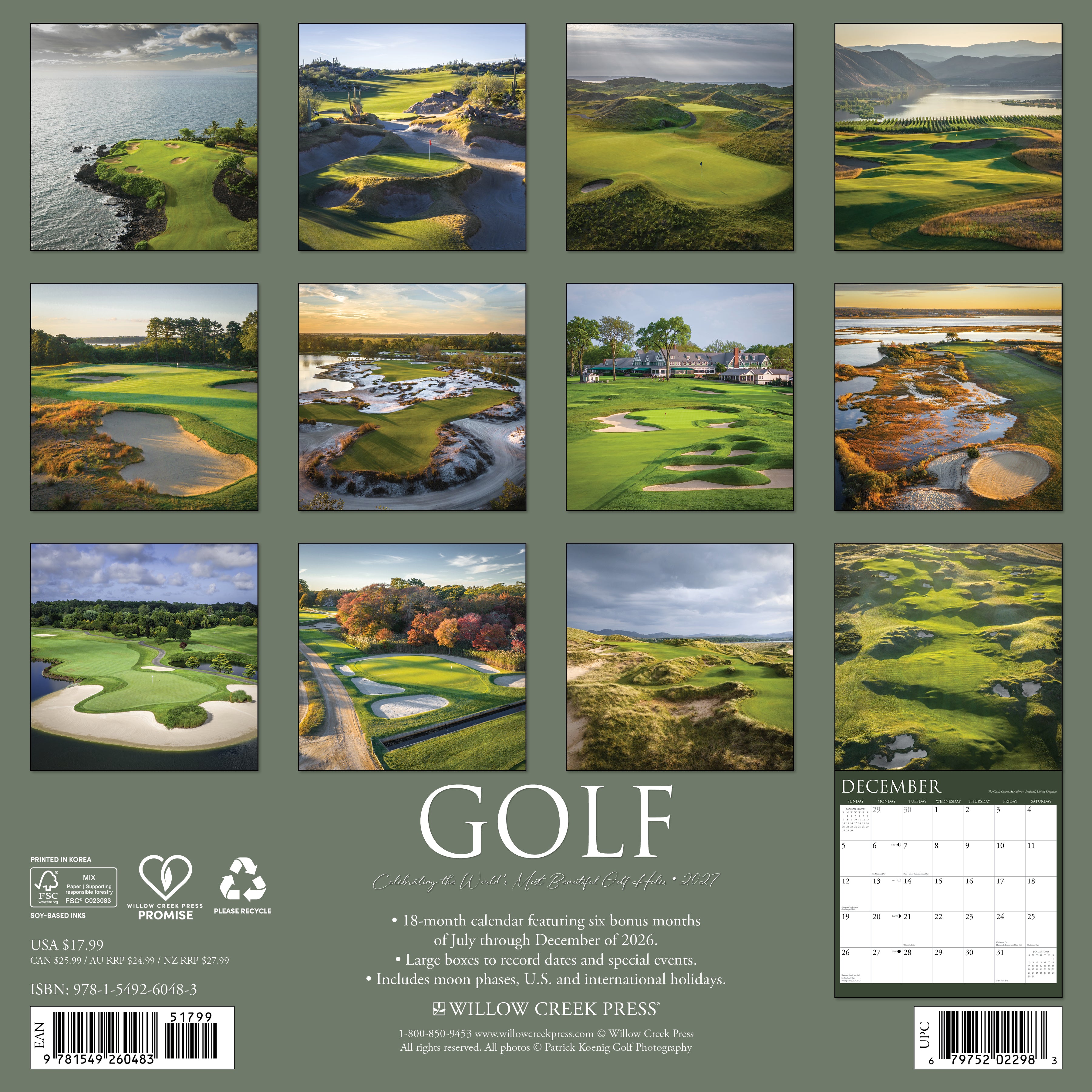 Willow Creek Press, Golf (w/foil) 2027 Wall Calendar