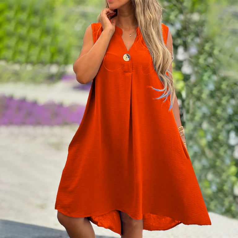 WIZUTIZ Sundresses for Women Stylish Plus Size High Rise Button Down  High-Low Solid Vacation Dress Sleeveless V-Neck Shift Dress for Womens  Knee-Length Stretchy Graduation Dress Orange - Walmart.com