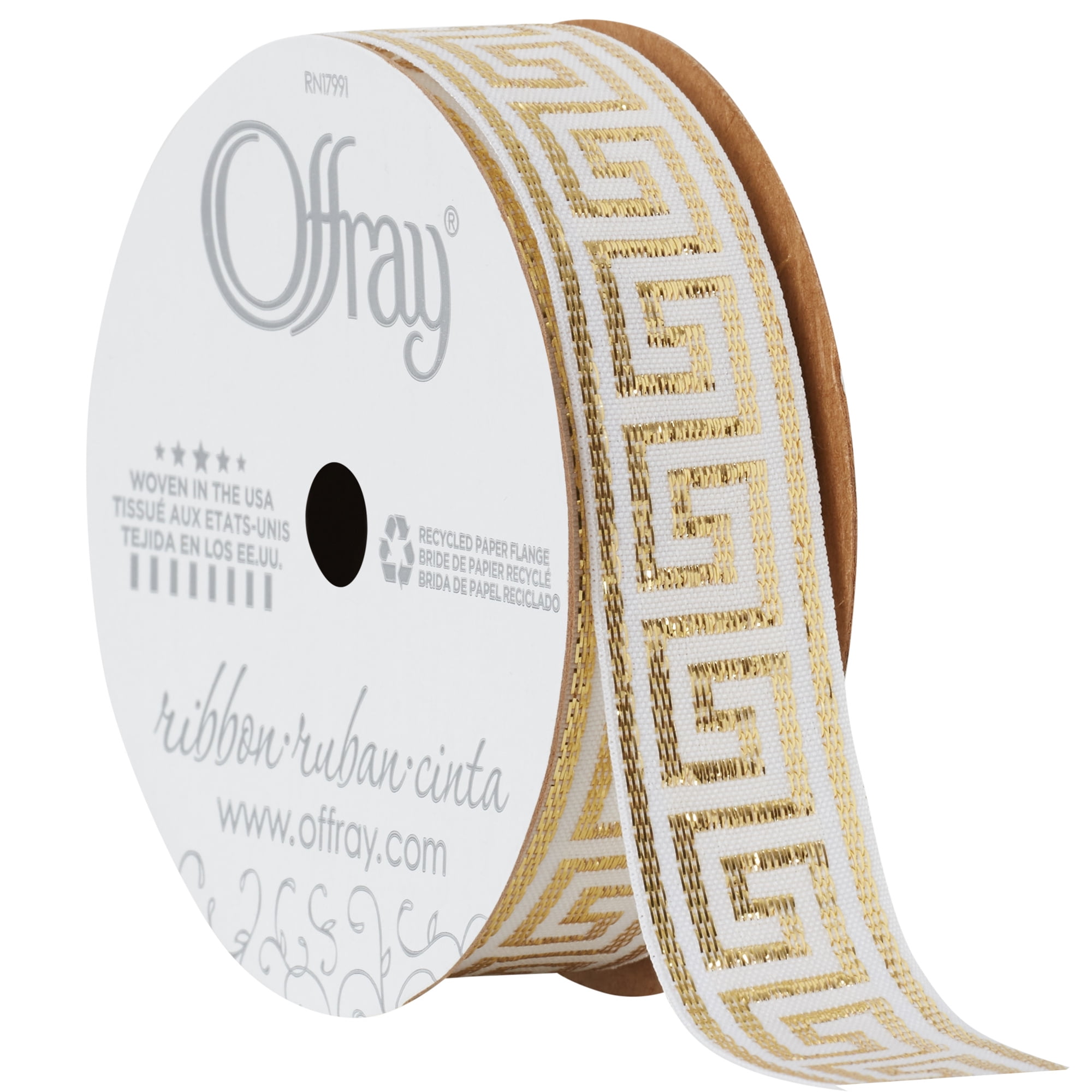 Offray Ribbon, White 7/8 inch Gold Greek Key Woven Ribbon, 9 feet